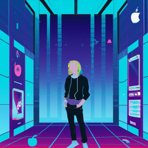 Synthwave vector art of a person standing in a futuristic Apple Store, surrounded by holograms and gadgets.