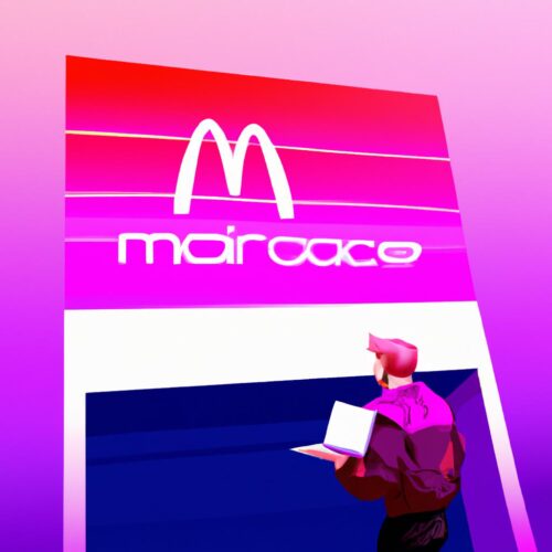 A synthwave vector art of a person holding a Mac laptop outside an Apple store.