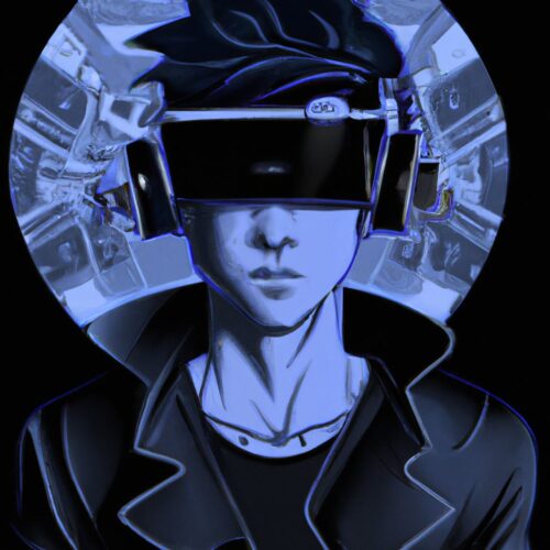 A cyberpunk art illustration of a person wearing an augmented reality headset.