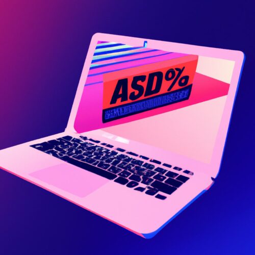 A synthwave vector illustration of a 15-inch MacBook Air with a discount tag on the screen.