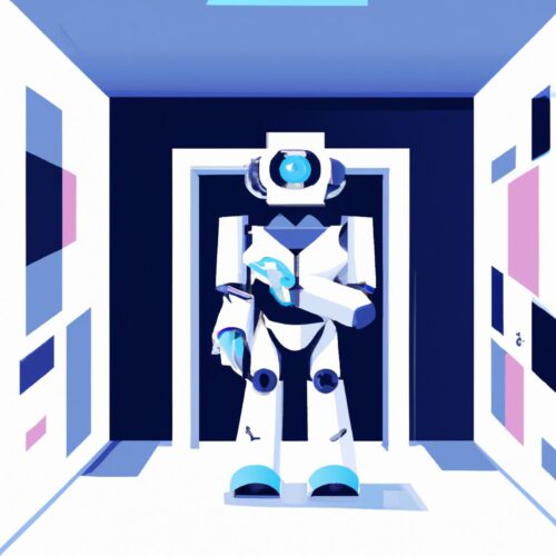 A geometric vector illustration of a Siri-like robot standing in a room full of technology.