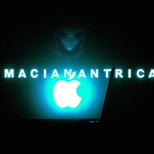 A cyberpunk art illustration of a person using a MacBook Pro with a glowing screen displaying the macOS Ventura logo.