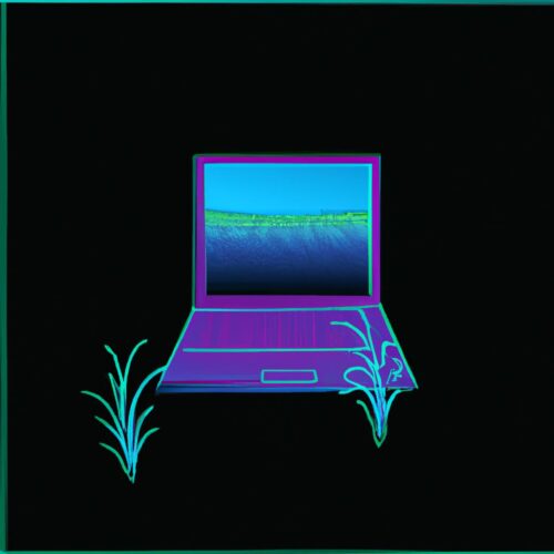 A neon-style vector illustration of a Mac laptop surrounded by a green energy field.