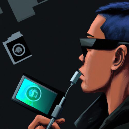 A cyberpunk illustration of a person examining the Vision Pro with an USB-c adapter and an external battery pack.