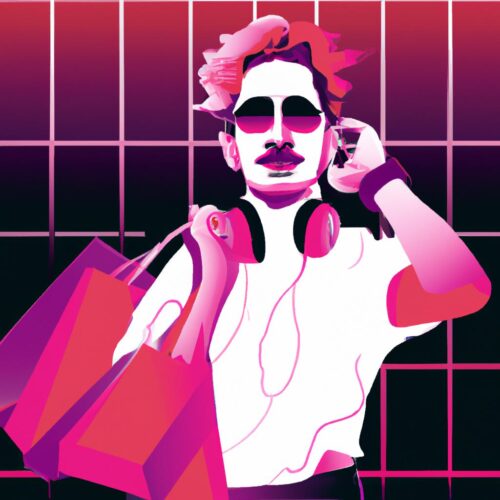 A synthwave vector art of a person holding a MacBook Air and AirPods with shopping bags and Apple logos in the background.