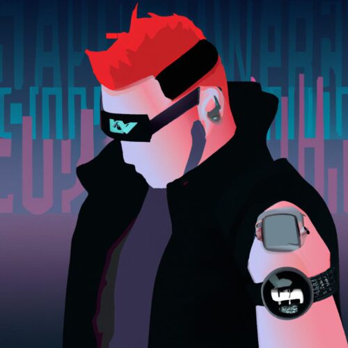 A cyberpunk vector art illustration of a person wearing a smartwatch, with the Apple logo in the background.