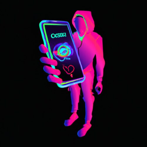 A cyberpunk art illustration of a person interacting with a holographic widget on their iPhone.