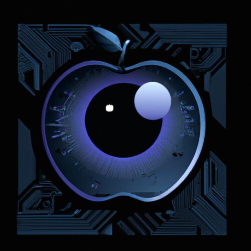 A cyberpunk vector art illustration of an Apple Silicon chip with a glowing eye in the center.