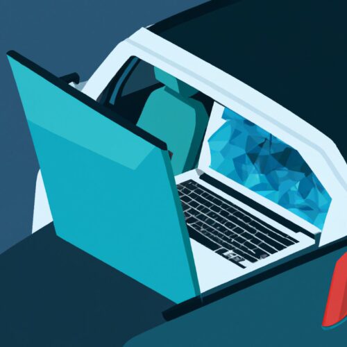 geometric vector illustration of a laptop sitting inside an overheated car.